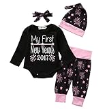ベビー用ガールズMy First New Yearボディスーツロンパース+ Fireworksロングパンツ帽子ヘッドバンド4点衣装セット カラー: ブラック