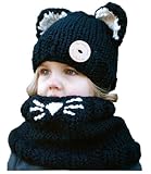 ねこ 耳 付き 羊毛 ニット 帽子 & ネック ウォーマー セット 冬 暖か 防寒 アイテム キッズ 男女共用