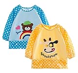 C-Princess ベビー エプロン 2枚セット 長袖 スモック 食事用 スタイ ビブ ガウン 離乳食 赤ちゃん キッズ お絵かき用 泥遊び用 可愛い 動物柄 (60, イエロー+ブルー)