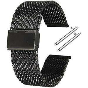 PINHEN 16MMバンド 腕時計 ステンレス メッシュ ベルト ステンレス鋼ミラネーゼ メタル ブレス バンド 16MM 18MM 20MM 22MM 24MM 26MM バネ棒付属 (16MM Mesh Black)