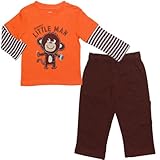 カーターズ（Carter's）男の子用オレンジのりのりモンキーアップリケ付き重ね着風シャツ&茶パンツ上下2点セット,サルセットアップ,出産祝いギフト,プレゼント,さるロンT【並行輸入】