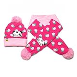 Plus Nao(プラスナオ) ニット帽とマフラーの２点セット キッズ ベビー 子供用 帽子 アニマル柄 ドット柄 CUTE ボンボン付き 防寒 カジュアル ５カラー - ピンク