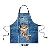 DingDing エプロン 女性用 かわいい 首かけ 後結び メンズ レディース おしゃれ デニム風 猫柄 男女兼用