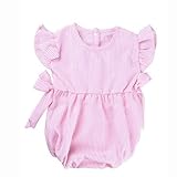 PER ベビーロンパース カバーオール 赤ちゃん 女の子 綿 フリル半袖　可愛い　お着替え簡単　ピンク　春夏 (3～18ヶ月)
