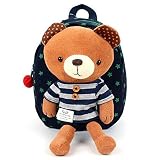 ハーネス付き ベビーリュック クマ ボーダー柄 ぬいぐるみ 子供 キッズ用 迷子紐付きリュック (ネイビー)