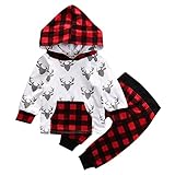 ベビー服 カジュアルウェア 帽子付き パーカー　鹿の柄　プリント　チェック　長袖 Tシャツ＆パンツ上下セット (100(12－18月), レッド)