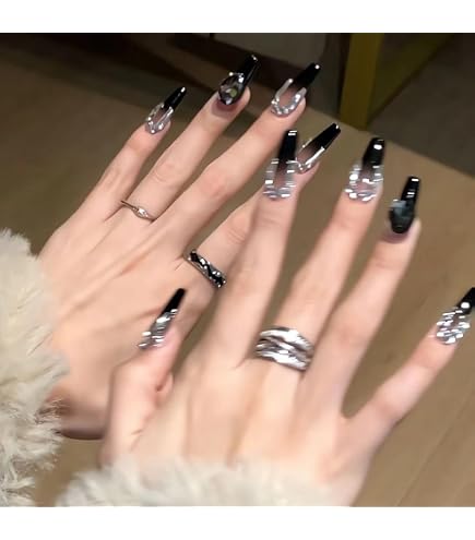 Amazon | UMAKER ネイルチップ 黒 韓国 バレリーナ ロング ネイル