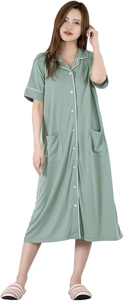 Mitaké Maternity Pajamas, No Nursing Opening, Short Sleeves, Summer, One-Piece, Front Opening, Long Dress, Solid, Dot, Before and After Childbirth, M L - 1