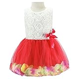 ガールズワンピース　ガールズドレス 女の子スカート 5色選択可！　リボン付き フラワードレス　可愛い 花柄 発表会 結婚式 入園式 演奏会　パーティー (80cm, レッド)