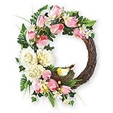 事前点灯LEDピンクチューリップwith White Roses Twig Wreath、16インチ、電池式、ピンク
