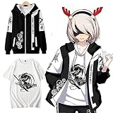 ニーアオートマタ 2B ヨルハ二号B型 コスプレ衣装 パーカー tシャツ セット NieR Automata キャラクター風 春秋服 フード付き 夏服 メンズ ファッション プリント おしゃれ カジュアル ハロウィン イベント パーティー 仮装 プレゼント (ブラックパーカー+tシャツ,M)