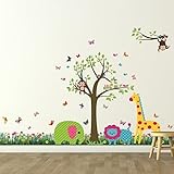 Walplus Removable Wall Stickers British Colourful Grass + Animal Tree, Nursery Kid's Room, 188Cm X 1