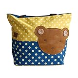 [クマ-イエロー] Blanchoアップリケ キッズ ファブリック アート ミニ ショッパーバッグ/トートバッグ-Ｌサイズ（H)32.00cm* L)41.91cm* W)13.97cm）