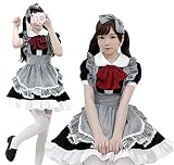[JUNDOMECY] メイド服 チェック 可愛い sサイズ 大きいサイズ メイド コスプレ ロリータ ワンピース フリル エプロン 赤リボン 黒 ハロウイン 衣装 イベント パーティー (XXL)