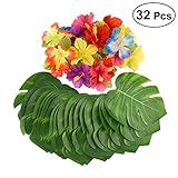 OUNONA 32pcs緑のシミュレーションフラワー人工植物偽のカメの葉は家の装飾を去る（16個の中型のタートルの葉/ 16のハイビスカスの花）