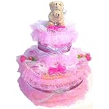 おむつケーキ【2段】バスタオルと親子クマぬいぐるみ付きおむつケーキ　ピンク