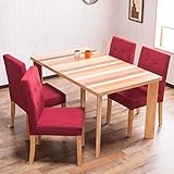 【木目を生かした北欧テイスト お洒落なダイニング5点セット (4人掛け用)】天然素材テーブル仕様 割れ・ゆがみが起こりにくい ガタツキ防止アジャスター付 優しいファブリックチェア 適度なクッション性 (テーブル ナチュラル色・椅子 レッド色