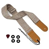 ギター ベース アコギ ストラップ コットンリネン ＋ストラップロック 4枚 ＋ ピック 3種6点 セット (グレー)