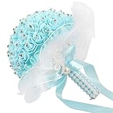OurWarm Foamクリスタルバラパールブライダルブライズメイド結婚式レースブーケ人工シルク花 1pcs ブルー 1SPH-LSQZ-PWK-1