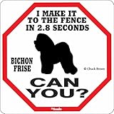 I MAKE IT TO THE FENCE IN 2.8 SECONDS BICHON FRISE CAN YOU？サインボード：ビションフリーゼ 警戒中 フェンスまで２.８秒 イラスト 英語 看板