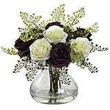 Nearly Natural 1366-PW Rose and Maiden Hair Arrangement with Vase, White/Purple [並行輸入品]