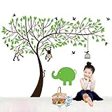 Cartoon Cute Monkeysビッグツリー取り外し可能壁ステッカーホームデコールデカル 子供部屋 ナーサリー向き 2枚セット（グリーンツリー）