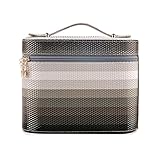 ［ドリーマー］　大容量コスメボックス　化粧ボックス　ボーダー柄　高級感　耐久性　携帯性　ポータブル　持ち運び　旅行　出張　ファスナー付　プレゼント　防水　ビュティー　鏡付き　ミラー　取っ手付　グレー