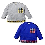 (ブルー/90cm)ベビー服 男の子 Tシャツ 長袖 Moujonjon ムージョンジョン チェック切替 ポケット付 ゆったり ドロップショルダー 男児 ベビー