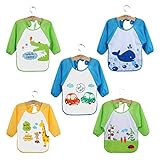 ベビー お食事用 長袖防水エプロン プリント 5枚組 ポケット付き キッズ お食事練習 お絵描き 粘土遊び 離乳食 保育園用 かわいい 5枚 (男の赤ちゃん)