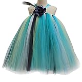 xuguozhu リングガールドレス　tutu ワンピース　チュチュドレス　チュール　ホルターネック　首掛け　グラデーション　欧米風　コサージュ コスチューム　孔雀をモチーフにする　ふんわりワンピース
