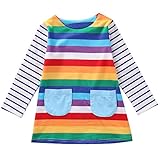 女の子 綿100％ 縞模様の 虹 長袖 ラグラン ポケット Tシャツ セーター (5-6歳)