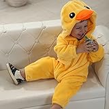 ベビー服 ロンパース カバーオール アヒル フード付き フランネル素材 長袖 長ズボン コスチューム (70cm)