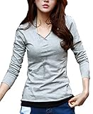 (ル・セリジエ) レディース 長袖 カットソー ロング Tシャツ Vネック きれいめ ライン カジュアル (グレーM)