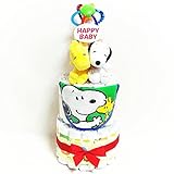 16086 おむつケーキ3段　男女共用　スヌーピー＆ウッドストックぬいぐるみ　キャラクターオムツケーキ出産祝い