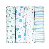 j & alex's 100% Cotton Muslin Swaddle Blankets in Little Gentleman 4 count with Rockin' Green Laundr