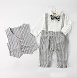 ベビーフォーマルロンパース+ベスト二点セット　カバーオール白いシャツ紳士風洋服　グレー　長袖70cm~95cm 初節句やハーフバースデーなどのイベント (95, グレー)S'M(エスエム)