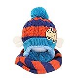 冬のベビーキッズガールズボーイズ帽子暖かいスカーフは、ぬいぐるみの耳キャップギフトセットブルーの保護