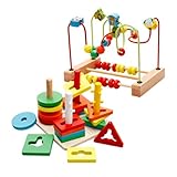 CXYP　知育玩具　赤ちゃんおもちゃ　ビーズコースター 　キッズ 　木製 　ルーピング 　おもちゃ　指先トレーニング 　積み木　セット　ミニ サイズ 動物模様　早期開発　プレゼント (2点セット)