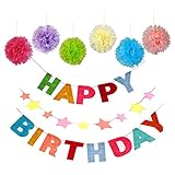 Baby Happy Birthdayホオジロバナー誕生日パーティー、ベビーシャワー用デコレーションwith Starガーランドとのセット6カラフルティッシュポンポン付き装飾ボール