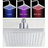 Chinatera 8インチSquare水温度変光バスルームLEDライト雨トップ降雨シャワーヘッド蛇口Square温度color-changing