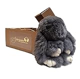 100 % Real Rex Rabbit Fur Fluffy Bunnyキーチェーンハンドバッグ財布バッグチャームギフトボックス グレイ