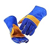 DEKO 電気溶接作業用の手袋　革製　五本指 ガーデンニング、溶接、BBQなどに大活躍　blue+yellow