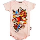 (シックス バニーズ) SIX BUNNIES ベビー服 ロンパース ピンク地ハートに鍵穴 タトゥー/スワロー/鍵/薔薇/ローズ (６～１２か月　身長65-75cm　身幅21㎝着丈41㎝肩幅17㎝袖丈