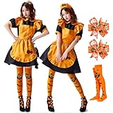 [mefeny] ハロウィン コスプレ メイド服 カボチャ コスプレ メイド 衣装 大人 ワンピース エプロン ソックス カチューシャ ヘアクリップ 5点セット カボチャコウモリ 可愛い ハロウィン コスプレ 仮装