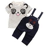 JIEYA 女の赤ちゃん半袖ストライプTシャツ+ベアオーバーオール2個服セット (0.5-1year, 紺青)