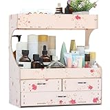 化粧品収納ボックス　メイクボックス　コスメボックス　テーブルの整理ボックス　木製　引き出し付き　化粧道具　洗面用品　小物入れ　アクセサリー収納　組み立て式　超大容量　可愛い　ナチュラル　桜桃木色
