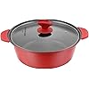 クックスマーク 卓上鍋 両手鍋 28cm IH対応オール熱源対応 ガラス鍋蓋付 フッ素樹脂コート 割れない土鍋 火傷防止シリコン取っ手付 菜箸やお玉が置ける レッド