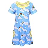 OKIDSO キッズドレス　子供ワンピース　ベビー服　チュニック　お着換え　普段着　部屋着　寝巻き　夏秋新作　綿100%　プリント　ブルー　100-140CM オシャレ　 (130CM)