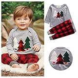 NiceYY クリスマス キーズ パジャマ 男の子 ルームウェア クリスマスツリー プリント チェック柄 兄弟お揃い服 ボーイズ コットン 上下セット 長ズボン 長袖 部屋着 可愛い 幼児 肌触り (