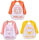ベビー 赤ちゃん 食事 用 防水 エプロン 長袖 3枚 セット ポケット 付 かわいい 動物 柄 (ひよこ ライオン ウサギ)